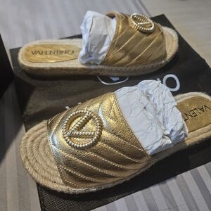 Valentino Slide Gold Black V Logo Sandals  Flip Flops 36 US6 New/box Tag Dustbag